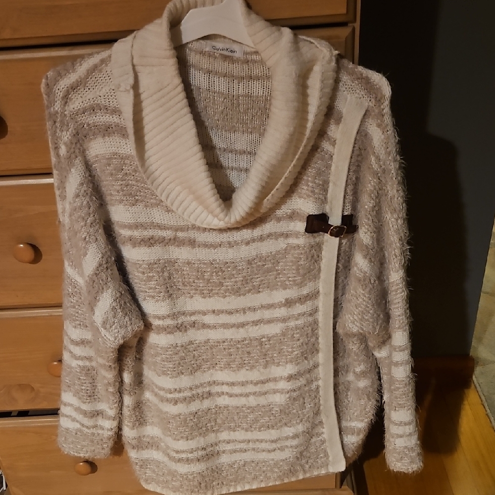 Calvin Klein Striped Cowl Neck Sweater - Cream and Brown